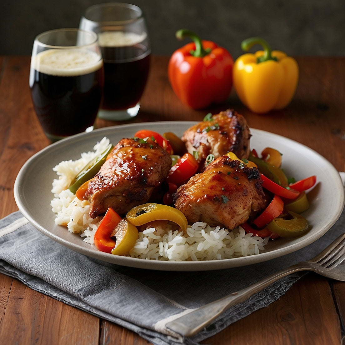 Beer-Braised Molasses Chicken with Peppers and Onions – Hapimoon